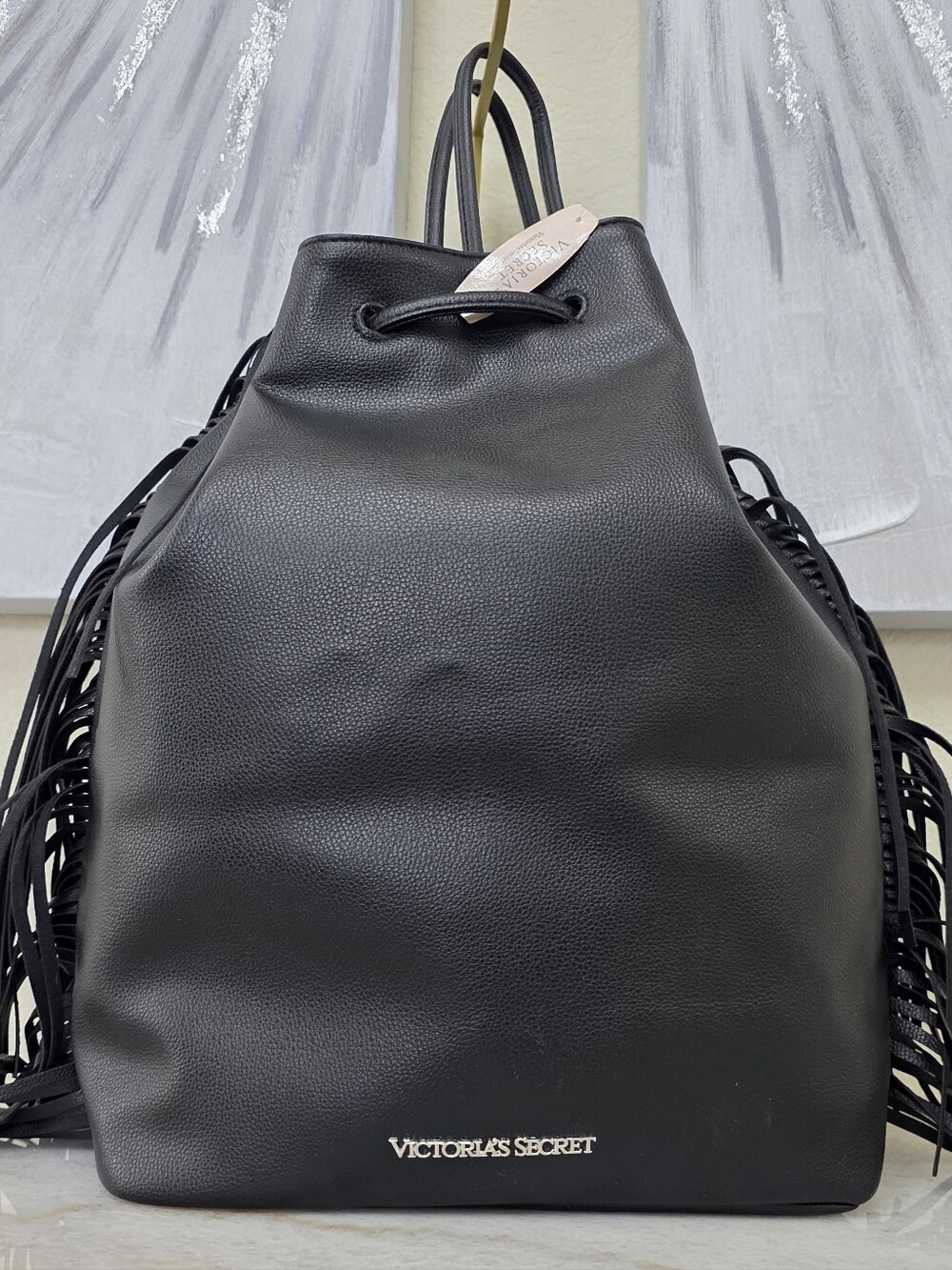Fringed Drawstring Shoulder Bag - Black